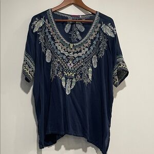 Johnny Was Dark Blue Embroidered Blouse